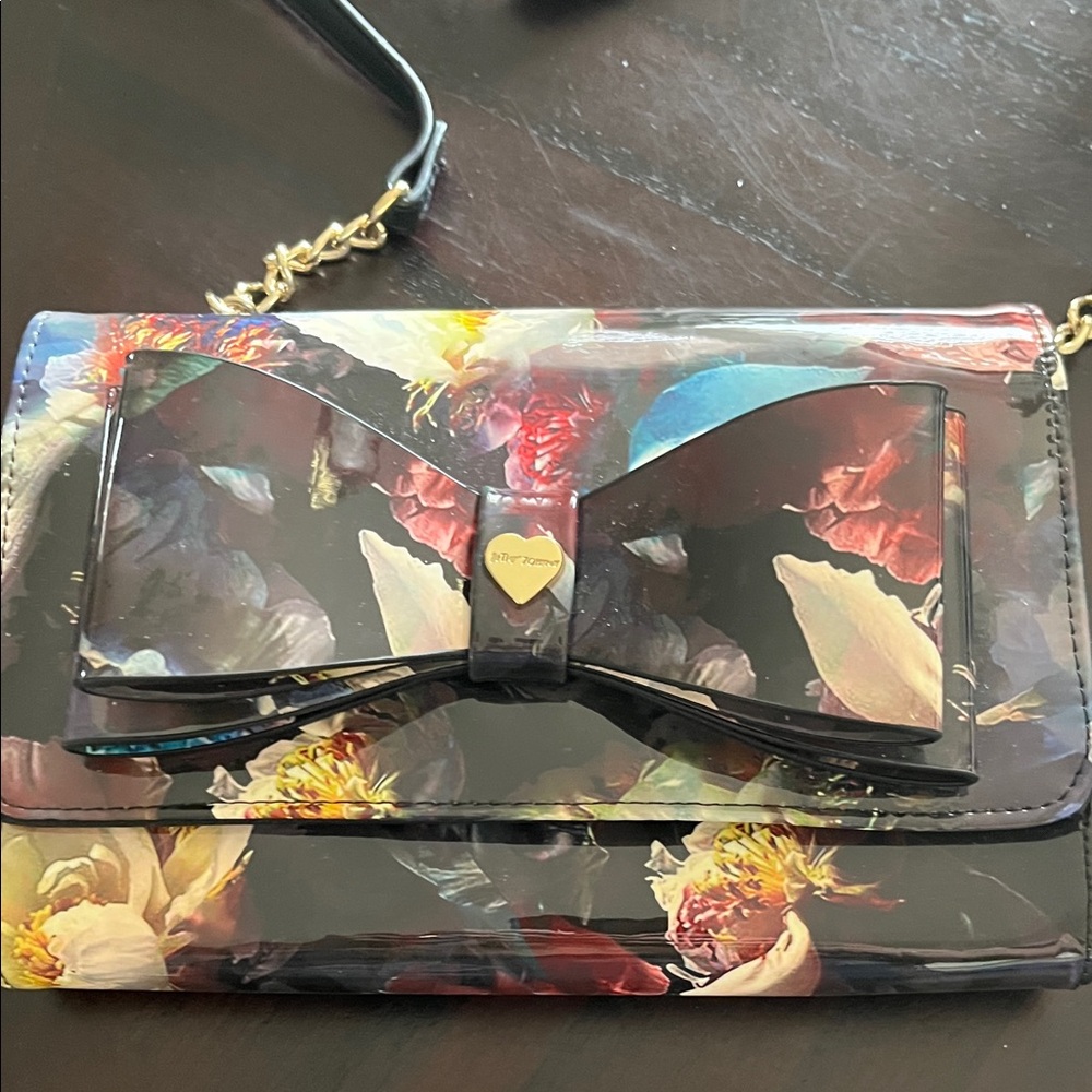 Betsy Johnson New I'm Black Multi Floral Patent Leather Bow Crossbody new